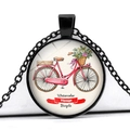 Close-up of vintage red bicycle watercolor illustration inside a round glass pendant - Watercolor Red Bike Pink Ribbon Style (JY007494-15)