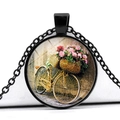 Macro shot of retro bicycle art pendant with pink flower basket under glass dome - Vintage Bike Red Pink Floral Style (JY007494-13)