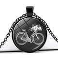 Macro detail of a vintage bicycle and flower pendant with black chain on white base - White Sketch Bike Flowers Style (JY007494-12)