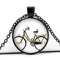 Vintage-Fahrrad-Blumenkorb-Halskette mit Vogel-Illustration im schwarzen Rahmen - Fahrrad Vögel Reben Stil (JY007494-4)