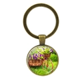 Porte-clés vintage en bronze avec pendentif vélo et panier de fleurs style champêtre - Motif de Fleurs de Prairie Pastorale (JY007497-2)