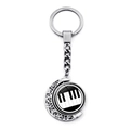 Detail of silver music keychain with rotating piano keys charm and hollow crescent frame - Glass Covered Piano Keys (JY007519-11)