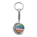 Close-up of rotating heart piano key keychain with rainbow glass gem and silver metal moon - Rainbow Piano Keys Style (JY007519-10)