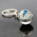 Vintage jellyfish glass ball keychain with double-sided nautical map and silver alloy ring - Blue Jellyfish Style (JY007545-4)
