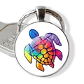Détail du porte-clés tortue en argent avec art aquarelle sous dôme de verre - Tortue de Mer Dégradé Lumineux (JY007416-16)