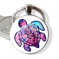 Vue détaillée du porte-clés tortue argenté avec un pendentif artistique à l'aquarelle - Tortue de Mer Aquarelle Tricolore (JY007416-12)