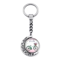 Retro crescent moon keychain with double-sided rotating bicycle and floral glass pendant - Let's Ride A Bike Illustration Style (JY007502-17)