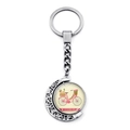 Detail of silver moon keychain with vintage bicycle and flowers under glass gem - Fresh Pink Bike Style (JY007502-14)