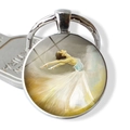 Detail of silver ballet dancer keychain with glass dome and artistic painting motif - Yellow Dress Oil Painting Art (JY007576-12)