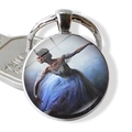 Artistic ballet dancer silhouette keychain with glass cabochon and silver metal ring - Blue Puffy Dress Dancer (JY007576-11)
