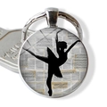 Ballerina silhouette keychain with vintage musical notes in a silver glass dome pendant - Art Silhouette Vintage Music Sheet (JY007576-7)