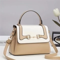 Detalle de bolso bandolera bicolor de cuero con hebilla de bocado dorada elegante - Caqui