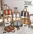 Detail view of colorful striped canvas handbags with brown leather trim and size dimensions - Red