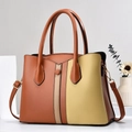 Contrast color patchwork leather handbag with top handle and adjustable shoulder strap - 29x12x22cm / Earthy Yellow
