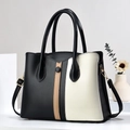 Three-tone color block faux leather handbag with top handle and gold hardware - 29x12x22cm / Black