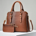 Brown crocodile pattern tote bag set with matching pouch and golden metal hardware - Earthy Yellow
