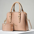 Ensemble sac cabas beige motif crocodile avec bandoulière amovible et détails dorés - Kaki