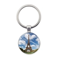 Minimalist silver keychain with circular Paris Eiffel Tower art glass pendant - Minimalist Daylight Panorama Style (JY007578-3)