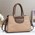 Elegant beige pleated PU leather tote bag with dark brown handles and golden hardware - L30 W13 H20 / Khaki