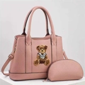 Pink lychee grain handbag set with cute teddy bear patch and matching coin purse for women - Pink