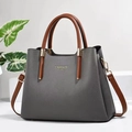 Graue Handtasche mit Litschi-Maserung, braunen Griffen und goldenen Details auf weiß - Grau