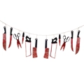 Halloween bloody weapon banner with realistic knife, scissor and saw pendants for parties - Bloody Weapon Prop Set