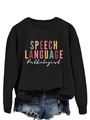 Flat lay of a black long sleeve sweatshirt with SPEECH LANGUAGE Pathologist print design - S / Black (White Print)
