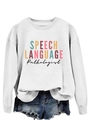 Detail of Speech Language Pathologist print on white crewneck sweatshirt with ribbed cuffs - S / White (Black Print)