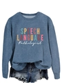 Detailed view of Speech Language Pathologist print on blue crewneck sweatshirt fabric - S / Blue (White Print)