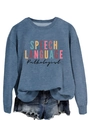 Detail view of blue crewneck sweatshirt featuring SPEECH LANGUAGE PATHOLOGIST print design - S / Blue (Black Print)