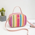 Rainbow striped straw crossbody bag with pink leather strap and golden metal hardware - Rainbow Vertical Stripes (Style 1)