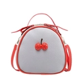 Mini round litchi pattern crossbody bag in grey with red handles and cherry rhinestone charm - Gray