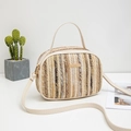 Straw woven crossbody bag with earth-tone stripes and pale gold hardware - Earth Tone Vertical Stripes (Style 4)