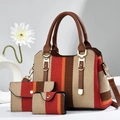 Three-piece striped canvas tote bag set with leather handles in vibrant orange and red tones - Red Orange Brown Contrast Striped Tote Wallet And Card Holder