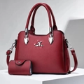 Litchi pattern red leather handbag and matching coin purse set with silver hardware - Wine Red