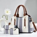Detailed set of striped canvas handbags including tote, pouch and wallet with leather straps - White Gray Contrast Striped Tote Wallet And Card Holder