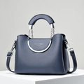Minimalist dark blue litchi grain leather handbag with silver metal handles and strap - Blue