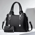 Minimalist black litchi leather handbag set with shoulder strap on geometric platform - Black