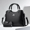 Classic black lychee pattern leather handbag set with adjustable strap and small pouch - Black