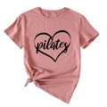 T-shirt rosa cipria Pilates con stampa a cuore, nodo laterale alla moda e girocollo - S / Oro Rosa (Carattere Nero)