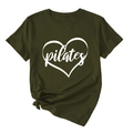Detail view of olive green Pilates T-shirt with heart print and stylish front hem knot - Army Green (White Font)