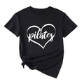 Detail of black Pilates heart print T-shirt showing fabric texture and knot-tie hem design - Black (White Font)