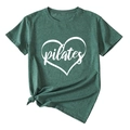 Close-up of Pilates heart print on dark green cotton T-shirt with a stylish front knot detail - Retro Green (White Font)
