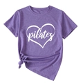 Detail of purple Pilates heart print t-shirt with stylish side knot design - Purple (White Font)