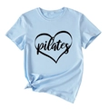Close-up of light blue Pilates heart print T-shirt with stylish front knot detail - Light Blue (Black Font)