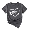 Detail of grey Pilates T-shirt showing white heart print and stylish knotted hem design - Heather Gray (White Font)