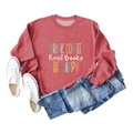 Detail of red crewneck sweatshirt featuring Drink Coffee Read Books Be Happy printed text - S / Red (White Letters)