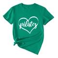Detail of green Pilates heart print t-shirt with stylish front knot hem design - Dark Green (White Font)
