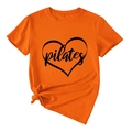 Detail of orange Pilates T-shirt with heart graphic and decorative side knot waistline - Orange (Black Font)