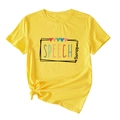 Détail du t-shirt jaune à col rond avec imprimé SPEECH therapy et nœud latéral chic - Jaune (Lettres Noires)